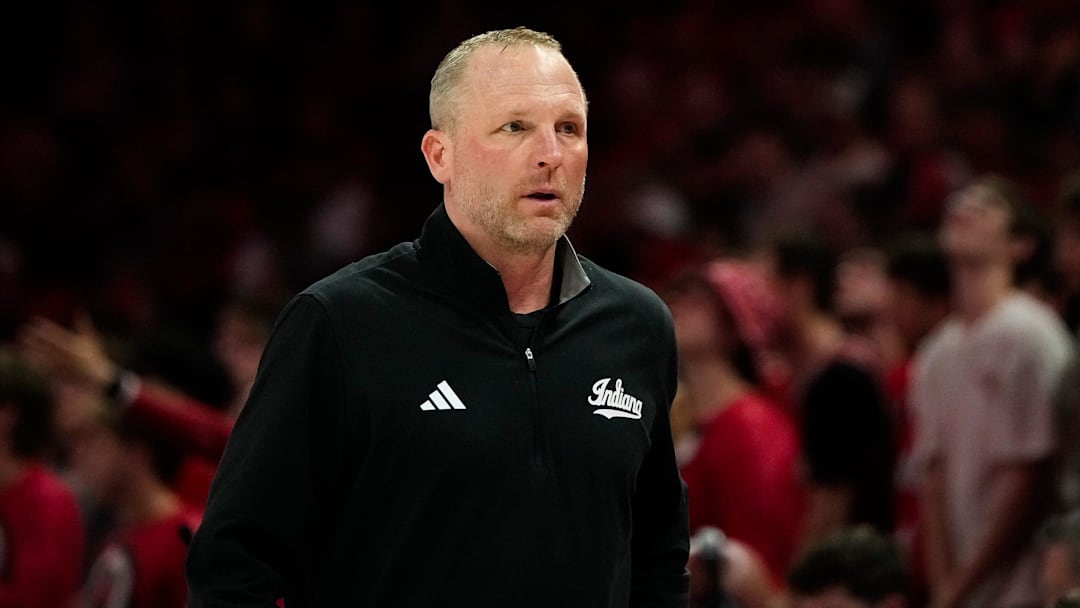 Indiana Hoosiers head coach Darian DeVries reacts in the first half of the NCAA game at Value City Arena on Saturday, March 7, 2026 in Columbus, Ohio.