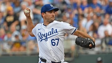 Jul 27, 2024; Kansas City, Missouri, USA;  Kansas City Royals starting pitcher Seth Lugo (67) delivers a pitch in the first inning against the Chicago Cubs at Kauffman Stadium. Mandatory Credit: Peter Aiken-USA TODAY Sports