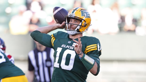 Jun 14, 2024; Edmonton, Alberta, CAN; Edmonton Elks quarterback McLeod Bethel-Thompson (10) throws a pass during the first half against the Montreal Alouettes at Commonwealth Stadium. Mandatory Credit: Perry Nelson-USA TODAY Sports