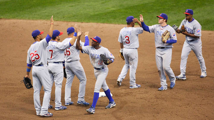 April 7, 2007: Chicago Cubs players high five each other after defeating the Milwaukee Brewers 6-3 at Miller Park. 