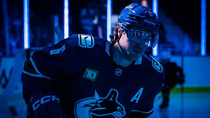 Apr 14, 2026; Vancouver, British Columbia, CAN; Vancouver Canucks forward Brock Boeser (6) skates prior to the start of a game against the Los Angeles Kings at Rogers Arena. Mandatory Credit: Bob Frid-Imagn Images