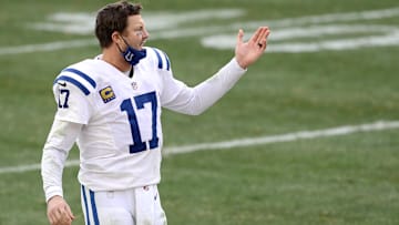 Dec 27, 2020; Pittsburgh, Pennsylvania, USA;  ndianapolis Colts quarterback Philip Rivers (17) reacts on the sidelines against the Pittsburgh Steelers during the third quarter at Heinz Field. Mandatory Credit: Charles LeClaire-Imagn Images