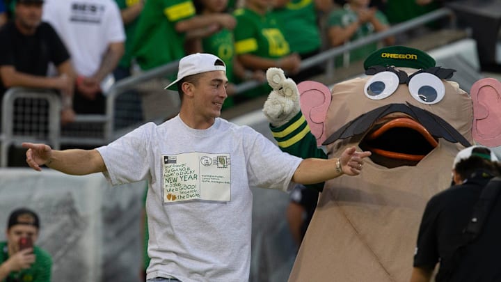 Former Duck Payton Pritchard is introduced to the crowd during the Duck game against Boise State at Autzen Stadium in Eugene Sept. 7, 2024