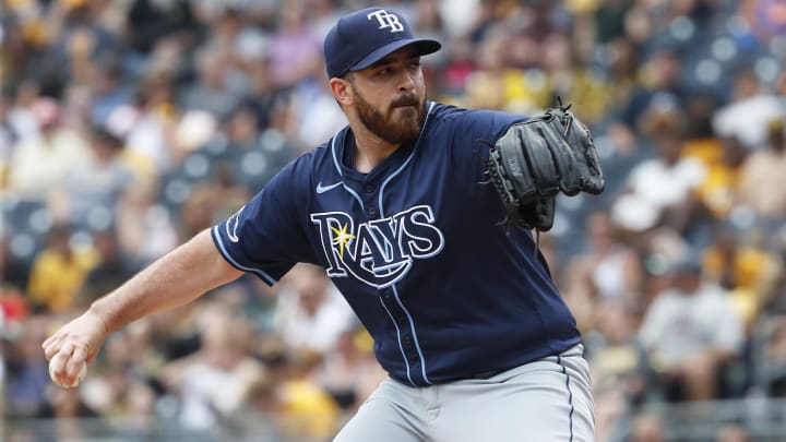 Jun 23, 2024; Pittsburgh, Pennsylvania, USA;  Tampa Bay Rays starting pitcher Aaron Civale (34) delivers a pitch against the Pittsburgh Pirates during the first inning at PNC Park. Mandatory Credit: Charles LeClaire-USA TODAY Sports