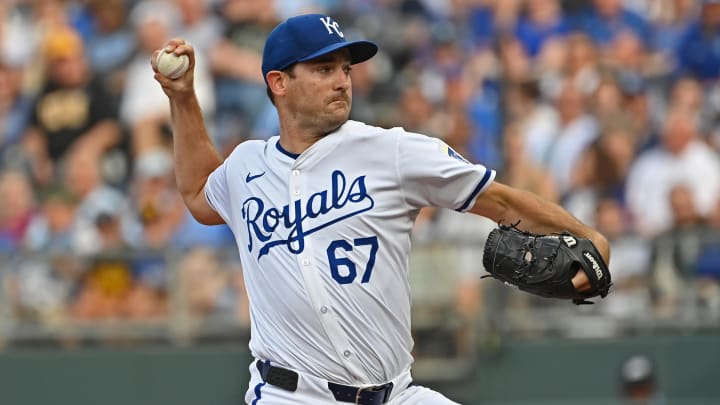 Jul 27, 2024; Kansas City, Missouri, USA;  Kansas City Royals starting pitcher Seth Lugo (67) delivers a pitch in the first inning against the Chicago Cubs at Kauffman Stadium. Mandatory Credit: Peter Aiken-USA TODAY Sports