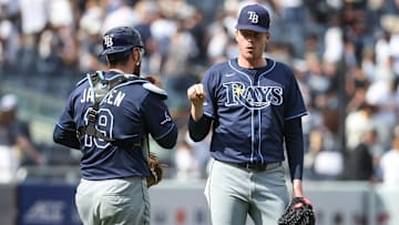May 3, 2025; Bronx, New York, USA;  Tampa Bay Rays relief pitcher Pete Fairbanks (29) celebrates with catcher Danny Jansen (19) after defeating the New York Yankees 3-2 at Yankee Stadium. Mandatory Credit: Wendell Cruz-Imagn Images