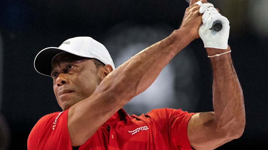 Tiger Woods of Jupiter Links GC warms up before match against the Los Angeles Golf Club who won the TGL finals at SoFi Center