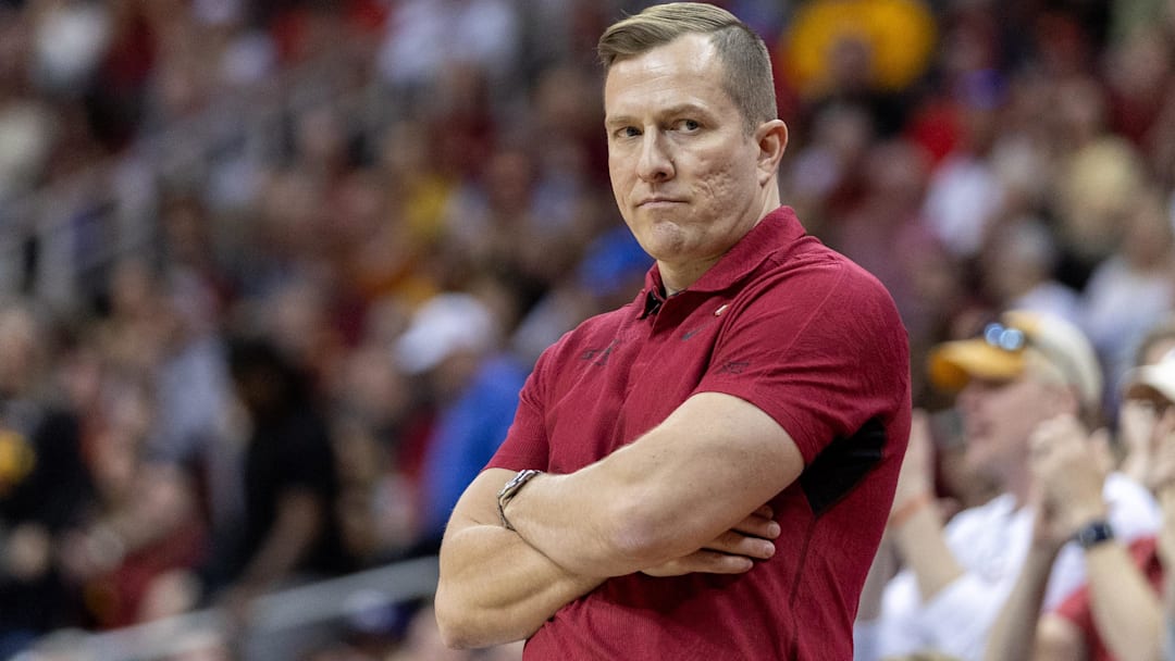 Mar 16, 2024; Kansas City, MO, USA; Iowa State Cyclones coach TJ Otzelberger watches play during the first half against the Houston Cougars at T-Mobile Center.