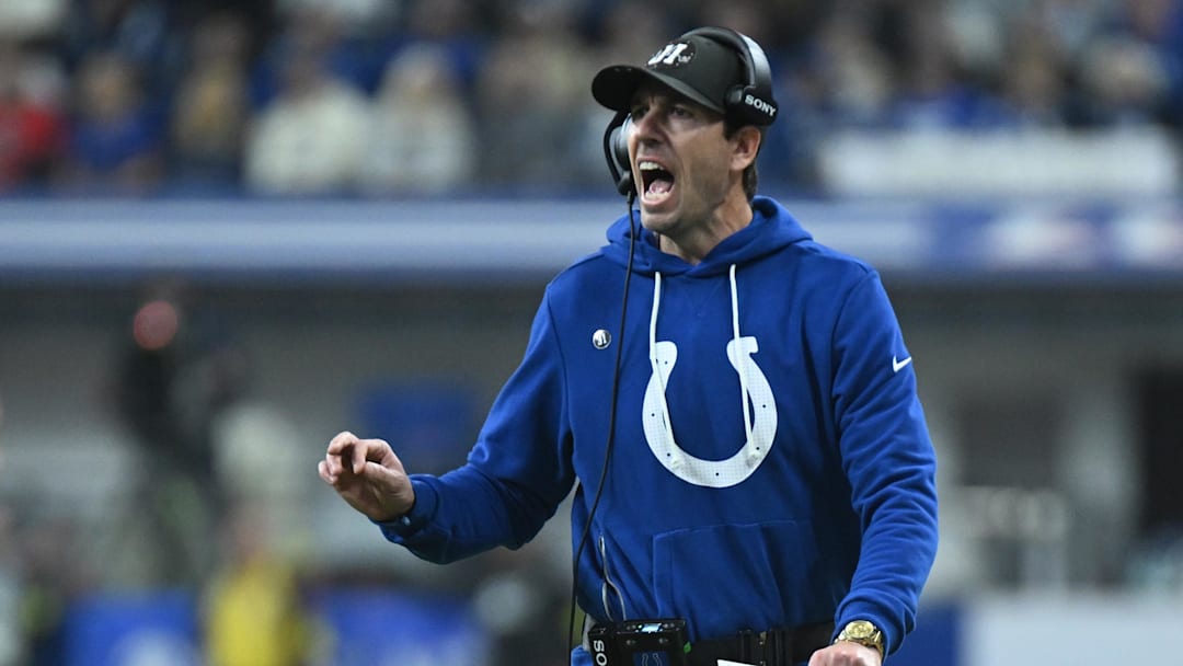 Nov 30, 2025; Indianapolis, Indiana, USA; Indianapolis Colts head coach Shane Steichen during the first half against the Houston Texans at Lucas Oil Stadium. 