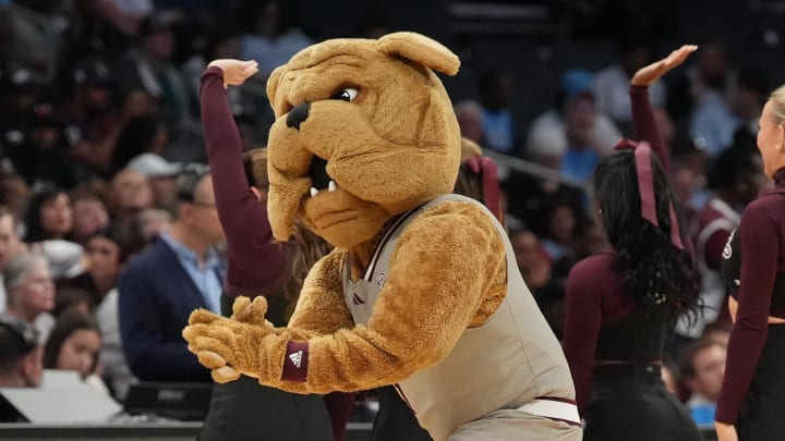 Mississippi State Bulldogs mascot performs against the Michigan State Spartans in the first round of the 2024 NCAA Tournament at the Spectrum Center. 
