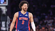 Apr 19, 2025; New York, New York, USA; Detroit Pistons guard Cade Cunningham (2) reacts after scoring against the New York Knicks in Game One of the First Round of the NBA Playoffs at Madison Square Garden. Mandatory Credit: Wendell Cruz-Imagn Images