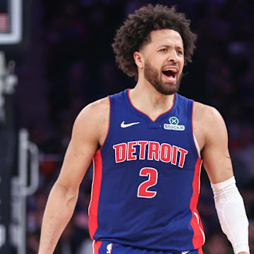 Apr 19, 2025; New York, New York, USA; Detroit Pistons guard Cade Cunningham (2) reacts after scoring against the New York Knicks in Game One of the First Round of the NBA Playoffs at Madison Square Garden. Mandatory Credit: Wendell Cruz-Imagn Images
