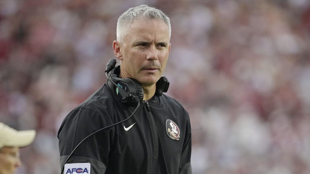 Aug 30, 2025; Tallahassee, Florida, USA; Florida State Seminoles head coach Mike Norvell reacts after a play against the Alabama Crimson Tide during the second half at Doak S. Campbell Stadium. Mandatory Credit: Melina Myers-Imagn Images