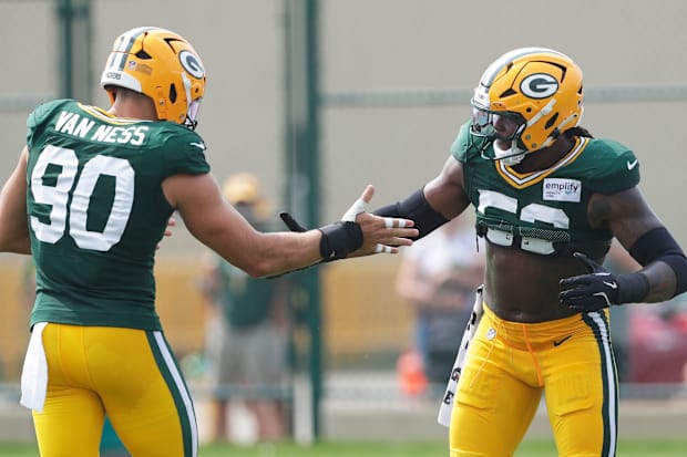Green Bay Packers defensive linemen Lukas Van Ness (90) and Rashan Gary (52) will never be double-teamed with Micah Parsons.