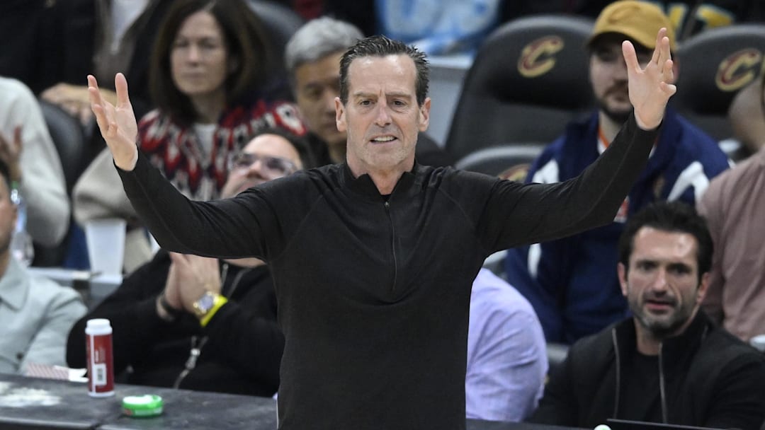 Dec 14, 2025; Cleveland, Ohio, USA; Cleveland Cavaliers head coach Kenny Atkinson reacts in the fourth quarter against the Charlotte Hornets at Rocket Arena. Mandatory Credit: David Richard-Imagn Images
