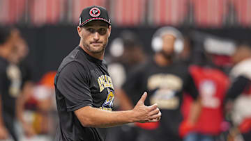 Sep 8, 2024; Atlanta, Georgia, USA; Atlanta Falcons quarterback Kirk Cousins (18) on the field prior to the game against the Pittsburgh Steelers at Mercedes-Benz Stadium. Mandatory Credit: Dale Zanine-Imagn Images