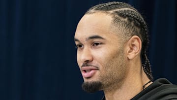 Ohio State wideout Emeka Egbuka speaks during a press conference during the NFL Combine.