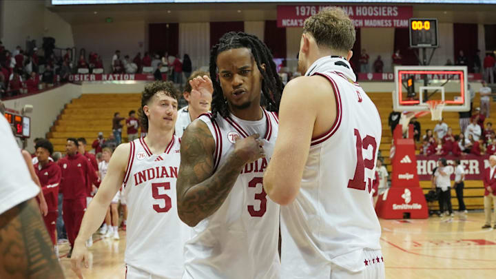 Nov 5, 2025; Bloomington, Indiana, USA; Indiana Hoosiers guard Lamar Wilkerson (3) and Indiana Hoosiers forward Tucker Devries (12) celebrate after the game against the Alabama A&M Bulldogs at Simon Skjodt Assembly Hall. Mandatory Credit: Robert Goddin-Imagn Images