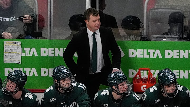 Michigan State head coach Adam Nightingale watches a play against Michigan during the first period of Duel in the D at Little Caesars Arena in Detroit on Saturday, Feb. 8, 2025. Michigan State head coach Adam Nightingale watches a play against Michigan during the first period of Duel in the D at Little Caesars Arena in Detroit on Saturday, Feb. 8, 2025.