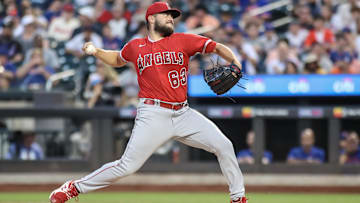 Aug 26, 2023; New York City, New York, USA;  Los Angeles Angels starting pitcher Chase Silseth (63)