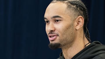 Ohio State wideout Emeka Egbuka speaks during a press conference during the 2025 NFL Combine.