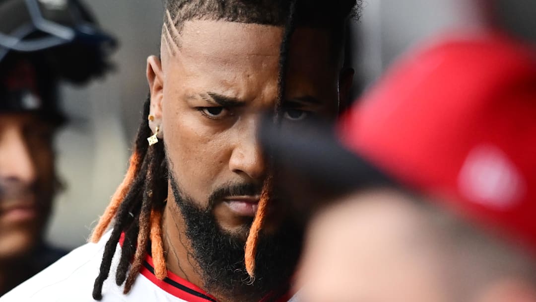 Jul 6, 2025; Cleveland, Ohio, USA; Cleveland Guardians relief pitcher Emmanuel Clase (48) reacts in the dugout after blowing a save during the ninth inning against the Detroit Tigers at Progressive Field. Mandatory Credit: Ken Blaze-Imagn Images