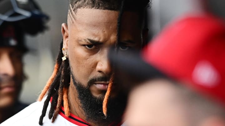 Jul 6, 2025; Cleveland, Ohio, USA; Cleveland Guardians relief pitcher Emmanuel Clase (48) reacts in the dugout after blowing a save during the ninth inning against the Detroit Tigers at Progressive Field. Mandatory Credit: Ken Blaze-Imagn Images