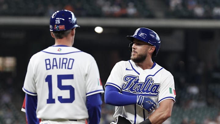 Mar 8, 2026; Houston, TX, United States;  Italy shortstop Miles Mastrobuoni (2) reacts to this single agains the Great Britain n the sixth inning at Daikin Park. Mandatory Credit: Thomas Shea-Imagn Images