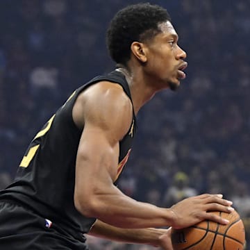 Oct 31, 2025; Cleveland, Ohio, USA; Cleveland Cavaliers forward De'Andre Hunter (12) looks to pass in the first quarter against the Toronto Raptors at Rocket Arena. Mandatory Credit: David Richard-Imagn Images