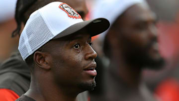 Cleveland Browns running back Nick Chubb takes in the crowd before an NFL preseason football game at Cleveland Browns Stadium, Saturday, Aug. 17, 2024, in Cleveland, Ohio.