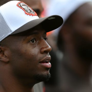 Cleveland Browns running back Nick Chubb takes in the crowd before an NFL preseason football game at Cleveland Browns Stadium, Saturday, Aug. 17, 2024, in Cleveland, Ohio.