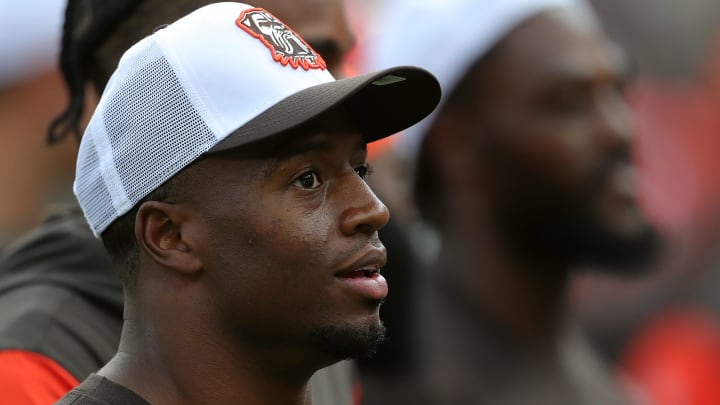 Cleveland Browns running back Nick Chubb takes in the crowd before an NFL preseason football game at Cleveland Browns Stadium, Saturday, Aug. 17, 2024, in Cleveland, Ohio.