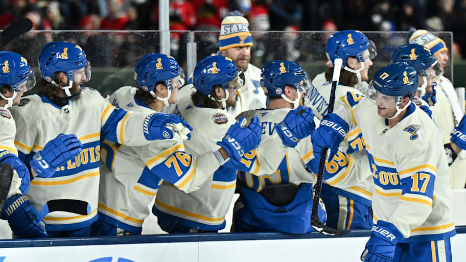 Cam Fowler and his Blues teammates celebrate his goal against the Blackhawks. | Daniel Bartel-Imagn Images