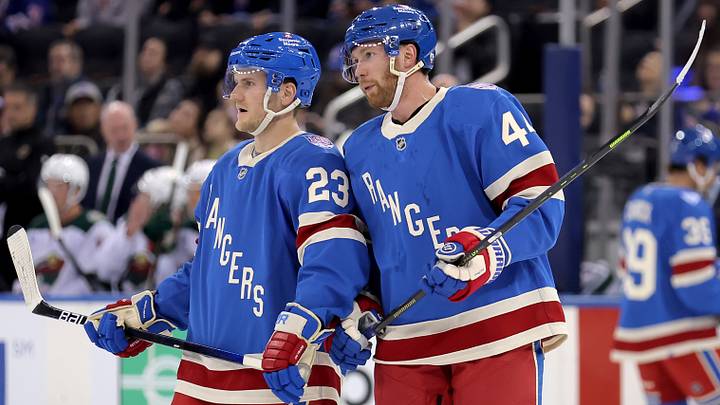 Oct 20, 2025; New York, New York, USA; New York Rangers defenseman Vladislav Gavrikov (44) talks to defenseman Adam Fox (23) during the first period against the Minnesota Wild at Madison Square Garden. Mandatory Credit: Brad Penner-Imagn Images Oct 20, 2025; New York, New York, USA; New York Rangers defenseman Vladislav Gavrikov (44) talks to defenseman Adam Fox (23) during the first period against the Minnesota Wild at Madison Square Garden. Mandatory Credit: Brad Penner-Imagn Images