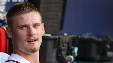 Atlanta Braves starting pitcher AJ Smith-Shawver (62) in the dugout against the Colorado Rockies in the first inning at Truist Park on June 15, 2023