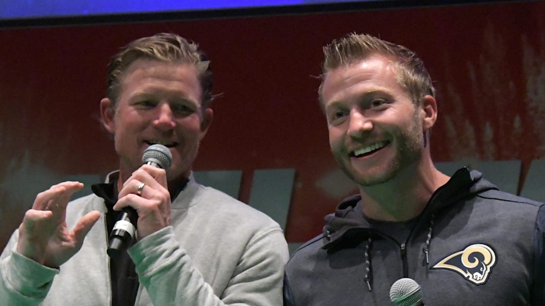 Oct 21, 2017; London, United Kingdom; Los Angeles Rams general manager Les Snead (left) and coach Sean McVay on stage during NFL UK Live at The Mermaid London. Mandatory Credit: Kirby Lee-Imagn Images