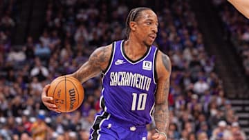 Feb 24, 2025; Sacramento, California, USA; Sacramento Kings forward DeMar DeRozan (10) controls the ball against the Charlotte Hornets during the second quarter at Golden 1 Center. Mandatory Credit: Ed Szczepanski-Imagn Images
