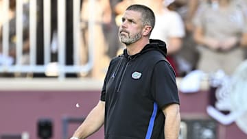 Oct 11, 2025; College Station, Texas, USA; Florida Gators head coach Billy Napier looks on prior to the game against the Texas A&M Aggies at Kyle Field. Mandatory Credit: Maria Lysaker-Imagn Images 