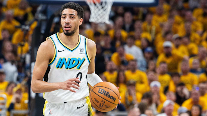 May 9, 2025; Indianapolis, Indiana, USA; Indiana Pacers guard Tyrese Haliburton (0) dribbles the ball during game three of the second round for the 2025 NBA Playoffs against the Cleveland Cavaliers at Gainbridge Fieldhouse. Mandatory Credit: Trevor Ruszkowski-Imagn Images May 9, 2025; Indianapolis, Indiana, USA; Indiana Pacers guard Tyrese Haliburton (0) dribbles the ball during game three of the second round for the 2025 NBA Playoffs against the Cleveland Cavaliers at Gainbridge Fieldhouse. Mandatory Credit: Trevor Ruszkowski-Imagn Images