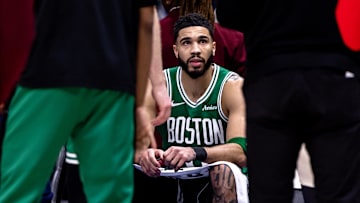 Jan 31, 2025; New Orleans, Louisiana, USA;  Boston Celtics forward Jayson Tatum (0) on the bench against the New Orleans Pelicans during the second half at Smoothie King Center. Mandatory Credit: Stephen Lew-Imagn Images