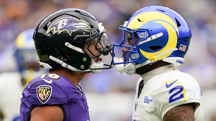Oct 12, 2025; Baltimore, Maryland, USA; Baltimore Ravens wide receiver Tylan Wallace (16) and Los Angeles Rams safety Jaylen McCollough (2) talk during the second quarter of the game at M&T Bank Stadium. Mandatory Credit: Mitch Stringer-Imagn Images Oct 12, 2025; Baltimore, Maryland, USA; Baltimore Ravens wide receiver Tylan Wallace (16) and Los Angeles Rams safety Jaylen McCollough (2) talk during the second quarter of the game at M&T Bank Stadium. Mandatory Credit: Mitch Stringer-Imagn Images