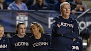 Nov 4, 2025; Annapolis, Maryland, USA  UConn Huskies head coach Geno Auriemma looks onto the court during the first half against the Louisville Cardinals at Alumni Hall on United States Naval Academy. Mandatory Credit: Tommy Gilligan-Imagn Images