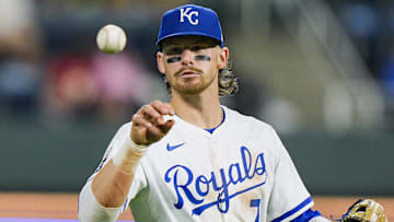 Sep 3, 2025; Kansas City, Missouri, USA; Kansas City Royals shortstop Bobby Witt Jr. (7) catches the ball during the ninth inning against the Los Angeles Angels at Kauffman Stadium. Mandatory Credit: Jay Biggerstaff-Imagn Images