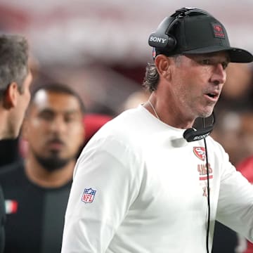 Oct 19, 2025; Santa Clara, California, USA; San Francisco 49ers head coach Kyle Shanahan during the fourth quarter against the Atlanta Falcons at Levi's Stadium. Mandatory Credit: Darren Yamashita-Imagn Images