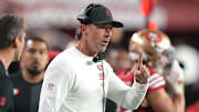 Oct 19, 2025; Santa Clara, California, USA; San Francisco 49ers head coach Kyle Shanahan during the fourth quarter against the Atlanta Falcons at Levi's Stadium. Mandatory Credit: Darren Yamashita-Imagn Images