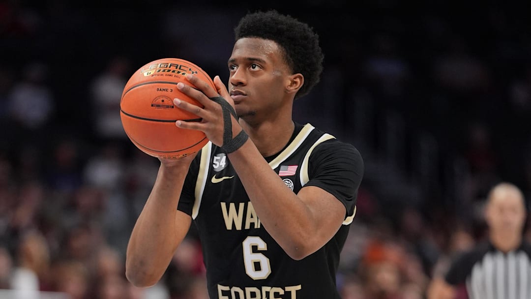 Wake Forest Demon Deacons guard Myles Colvin (6) shoots a free throw.