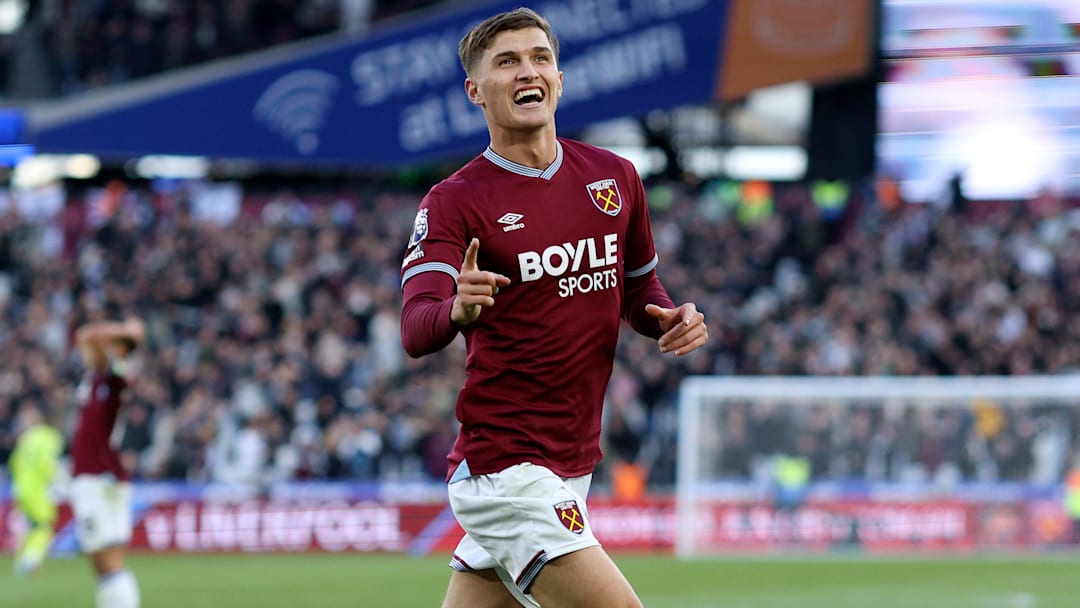 West Ham United v Newcastle United - Premier League: Freddie Potts celebrates what he thought was a goal had it not been for Tomas Soucek's toenail. West Ham United v Newcastle United - Premier League: Freddie Potts celebrates what he thought was a goal had it not been for Tomas Soucek's toenail.