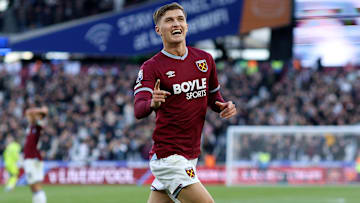 West Ham United v Newcastle United - Premier League: Freddie Potts celebrates what he thought was a goal had it not been for Tomas Soucek's toenail. 