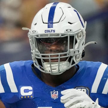 Indianapolis Colts linebacker Zaire Franklin (44) moves down the field Sunday, Sept. 10, 2023, during a game against the Jacksonville Jaguars at Lucas Oil Stadium in Indianapolis.