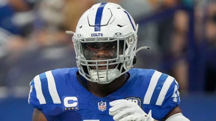 Indianapolis Colts linebacker Zaire Franklin (44) moves down the field Sunday, Sept. 10, 2023, during a game against the Jacksonville Jaguars at Lucas Oil Stadium in Indianapolis.